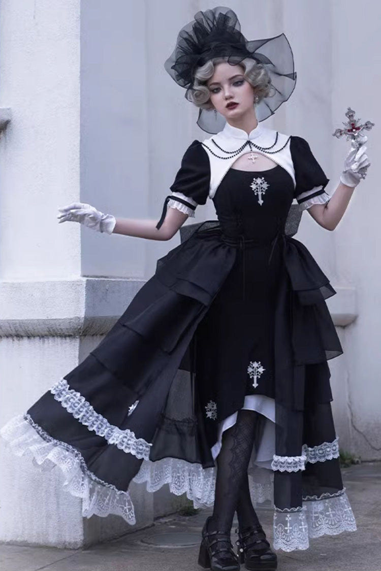 Black Nun Style Prayer for the Dead Stitching Lace Sheer Gothic Lolita Dress Two-piece Set - Black - 1