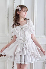Sweet Jirai Kei Square Collar Short Sleeves Ruffle Bowknot Lace Japanese Dress Set 3 Colors - Product - 4