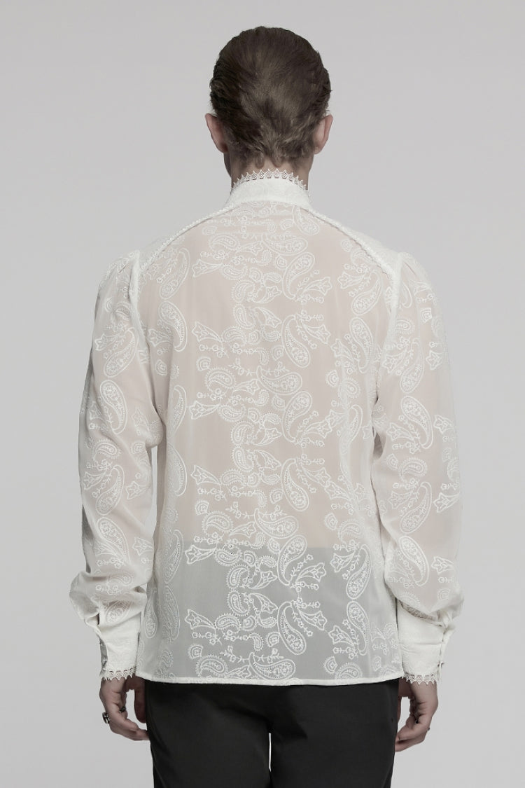 White Stand Collar Chiffon Long Sleeves Hollow Embroidery Men's Gothic Blouse - Product - 3