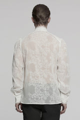 White Stand Collar Chiffon Long Sleeves Hollow Embroidery Men's Gothic Blouse - Product - 3