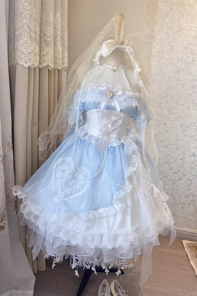 Blue/White [The Little Mermaid] Off Shoulder Halterneck Hanayome Bowknot Mesh Sweet Elegant Princess Lolita Dress - Product - 3