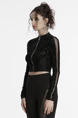 Black Long Sleeves Flocking Mesh Zipper Women's Gothic Jacket - Product - 2