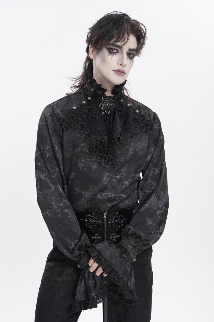 Black Stand Collar Long Trumpet Sleeves Printed Bow Lace Pearl-Decorated Men's Gothic Gorgeous Shirt - Product - 10