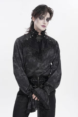 Black Stand Collar Long Trumpet Sleeves Printed Bow Lace Pearl-Decorated Men's Gothic Gorgeous Shirt - Product - 10