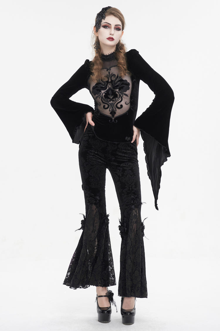 Black Printed Lace Embroidered Women's Gothic Flared Pants - Product - 6