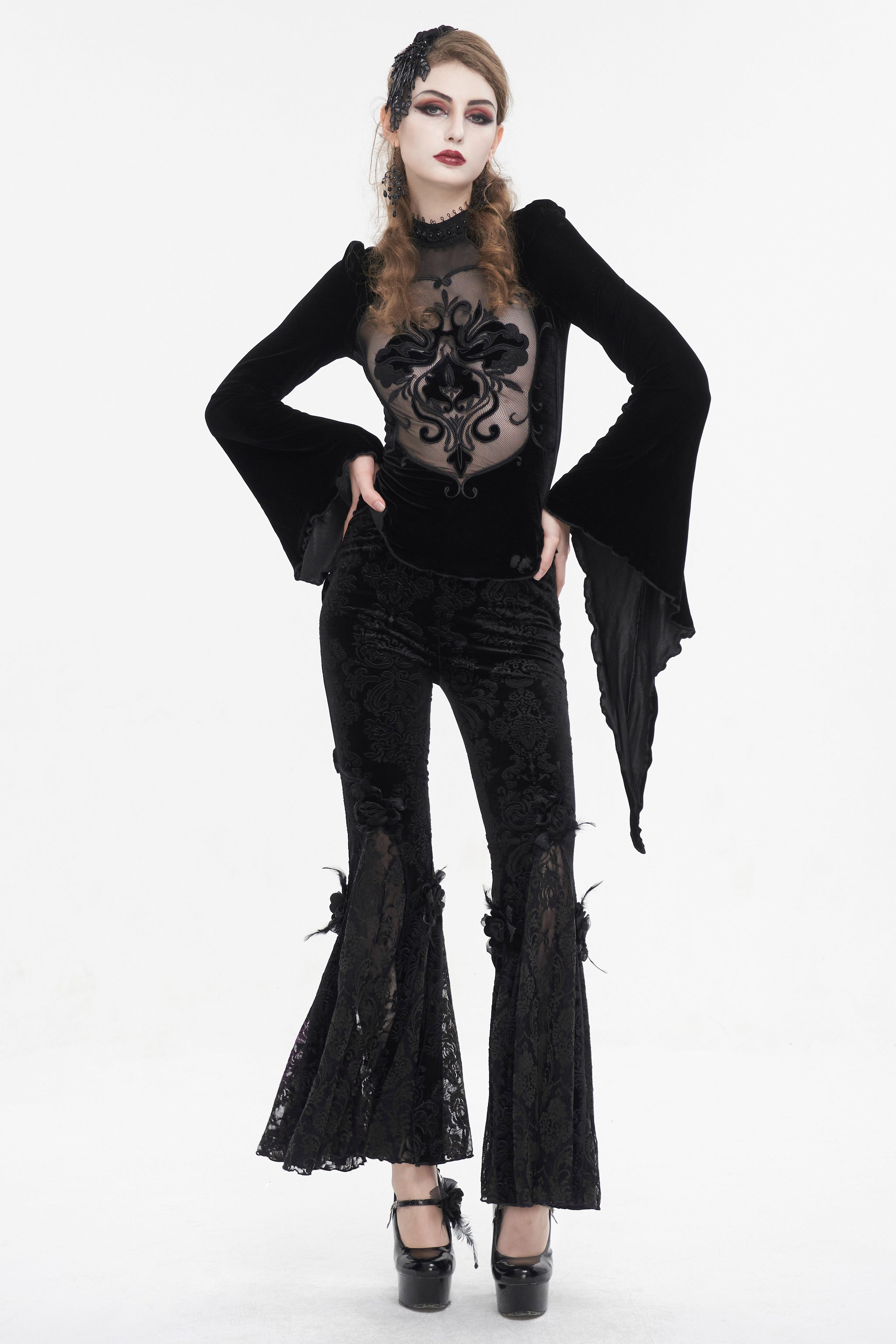 Black Printed Lace Embroidered Women's Gothic Flared Pants - Product - 6