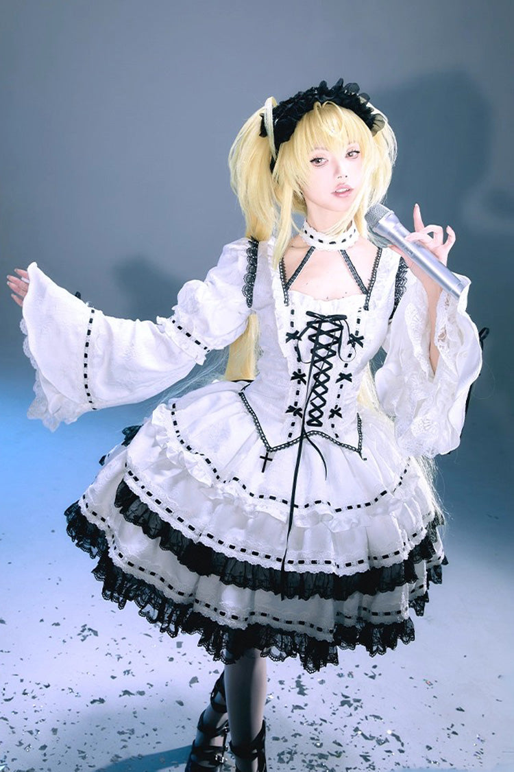 White [Witch] Long Trumpet Sleeves Double-Layered Ruffle Bowknot Lace-Up Gothic Lolita Skirt Dress Set - Product - 10