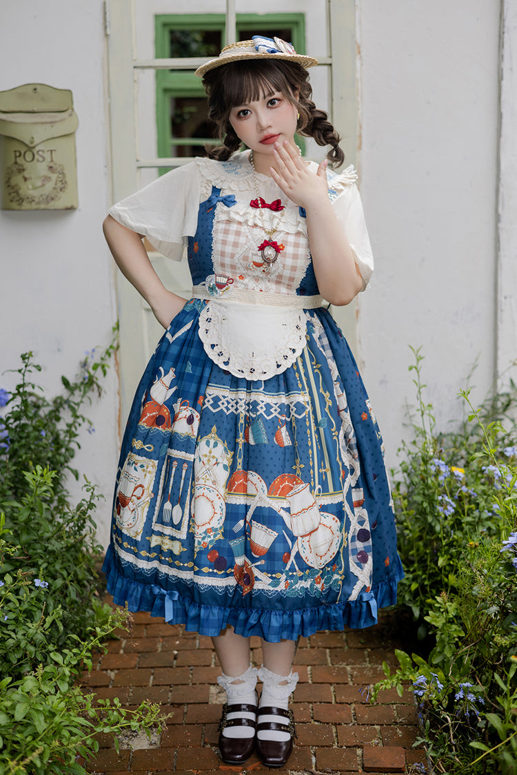 Dark Blue [Tea Party] Print Ruffle Bowknot Lace Sweet Elegant Lolita Jsk Dress - Product - 4