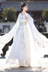 White [Silver Moon] High Waisted Embroidered Women's Classic Hanfu Dress Full Set - Product - 2