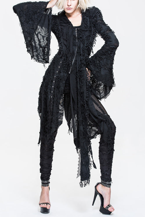 Black Ragged Horn Sleeves Womens Punk Long Coat - Black - 1