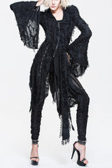 Black Ragged Horn Sleeves Womens Punk Long Coat - Black - 1