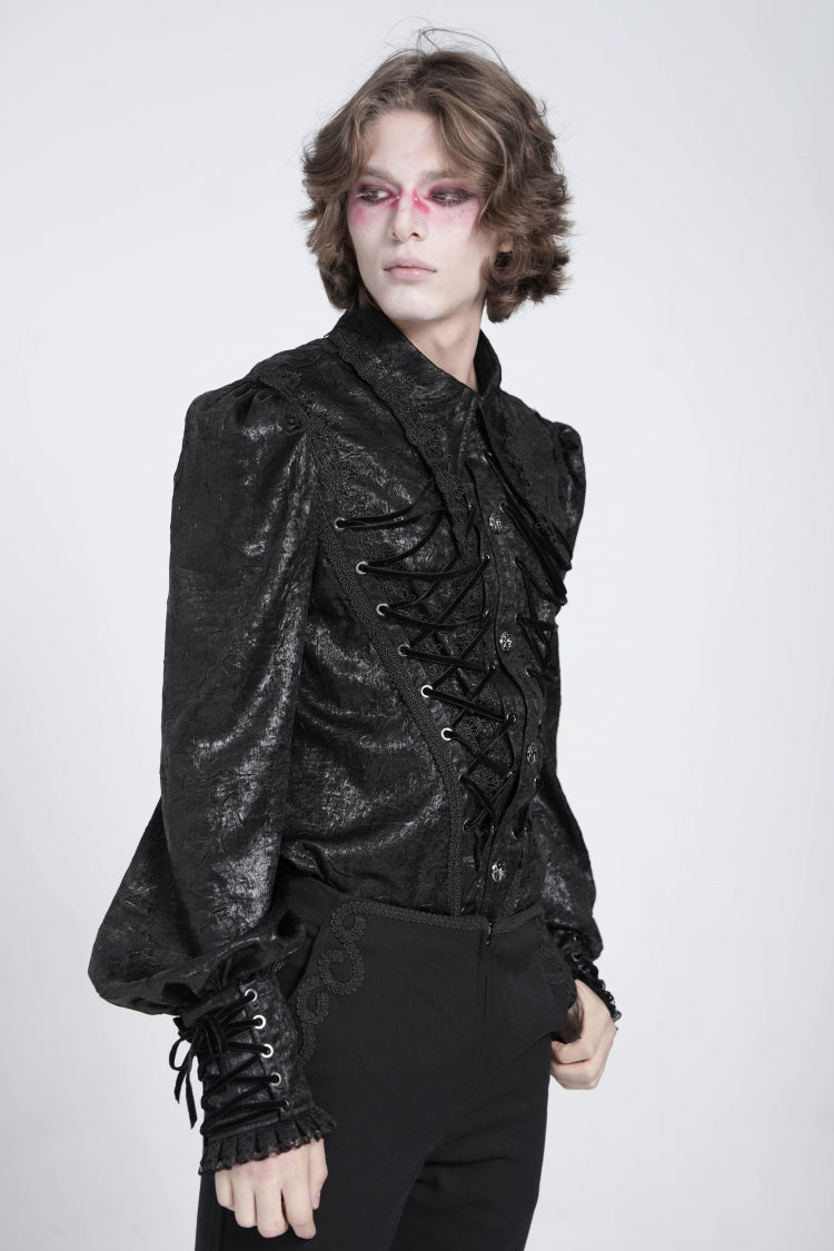 Black Long Puff Sleeves Jacquard Lace Men's Gothic Blouse - Product - 4