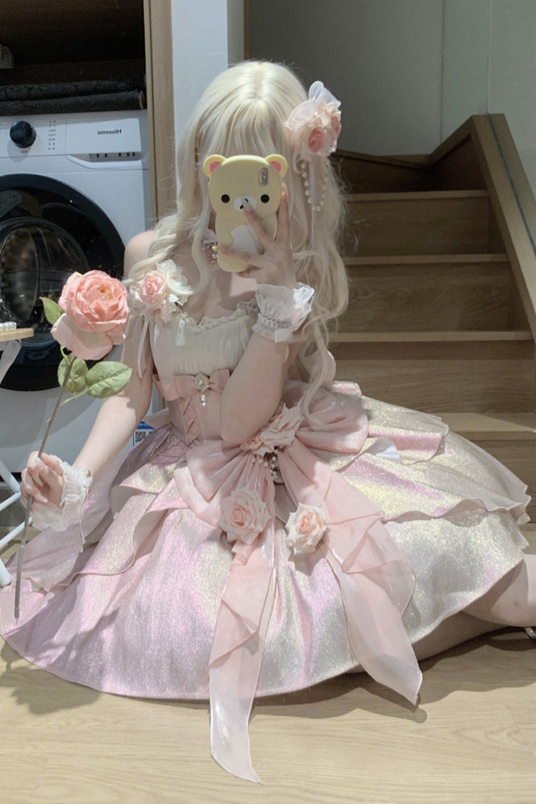 Pink [Rose Heart Knot] Ruffle Hanayome Bowknot Sweet Princess Gorgeous Lolita Jsk Dress - Product - 6