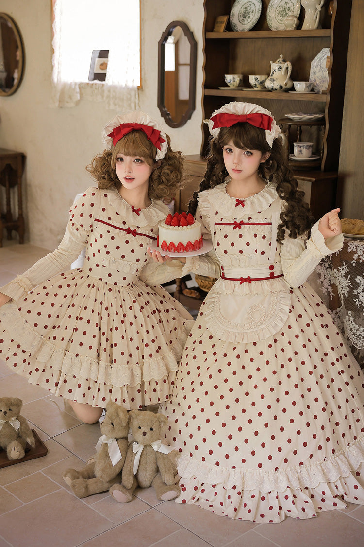 Apricot [Lollipop] Cotton Round Collar Long Lantern Sleeves Polka Dot Printed Ruffled Bow Lace Sweet Elegant Lolita Dress 2 Versions - Product - 13