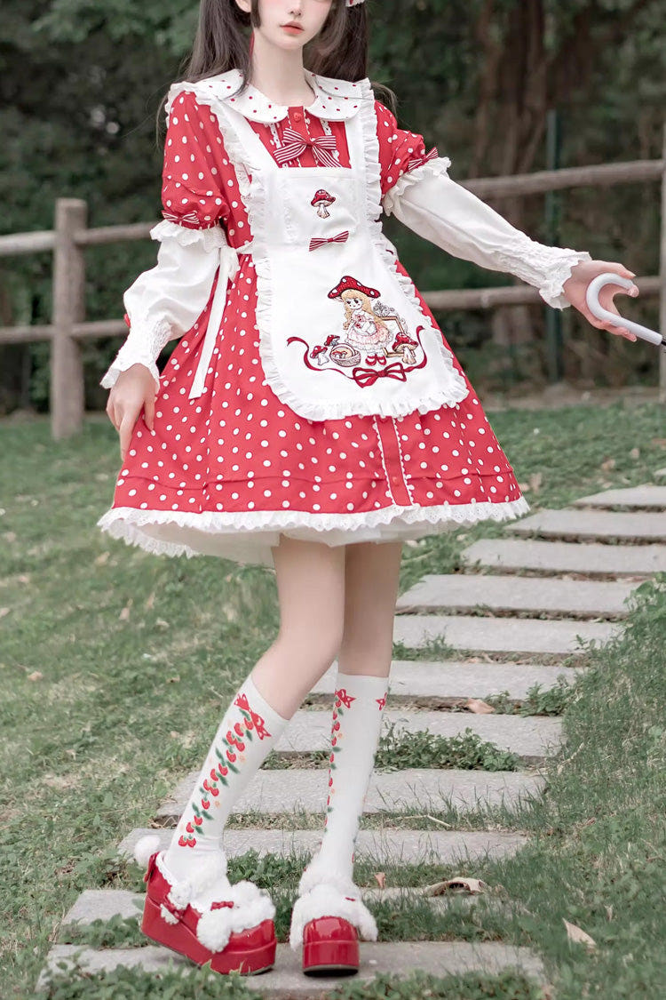 Red/White Doll Collar Short Sleeves Mushroom Princess Print Polka Dots Ruffle Sweet Lolita Dress - Red/White - 1
