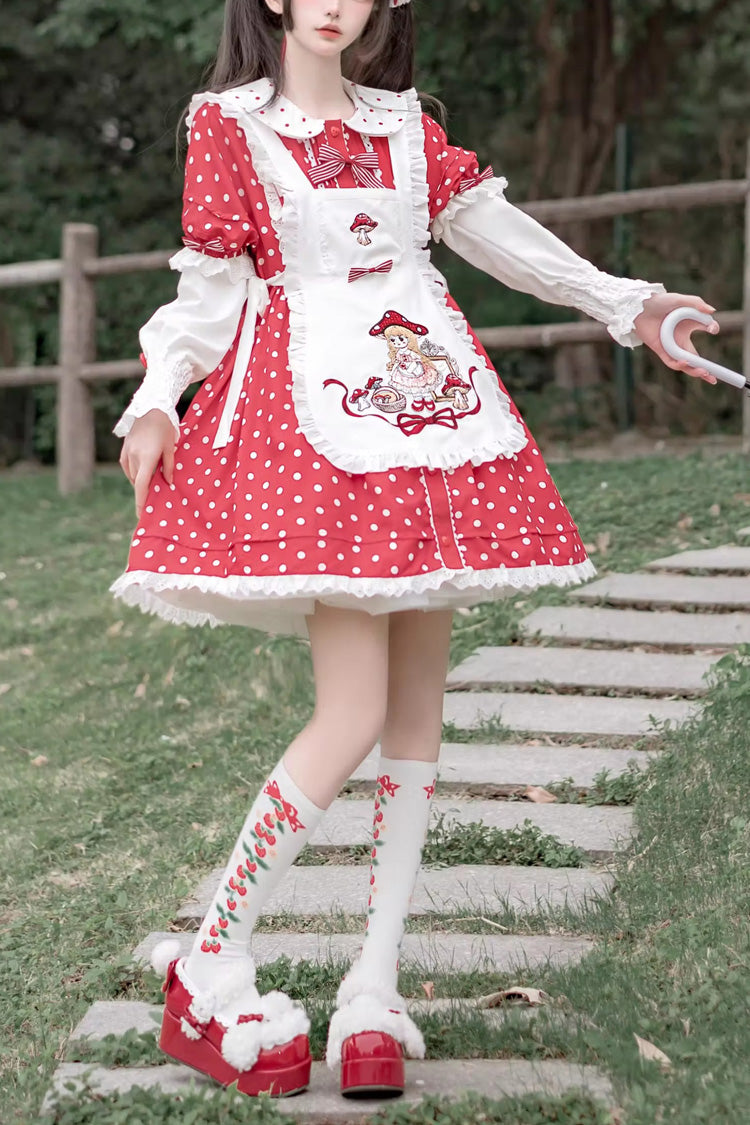 Red/White Doll Collar Short Sleeves Mushroom Princess Print Polka Dots Ruffle Sweet Lolita Dress - Red/White - 1