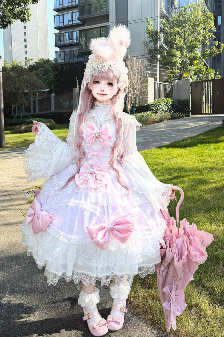 Pink/Purple [Flower Dream Isle] Square Collar Multi-Layered Ruffled Bow Lace Sweet Lolita Jsk Dress - Pink/Purple - 1