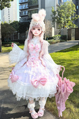 Pink/Purple [Flower Dream Isle] Square Collar Multi-Layered Ruffled Bow Lace Sweet Lolita Jsk Dress - Pink/Purple - 1