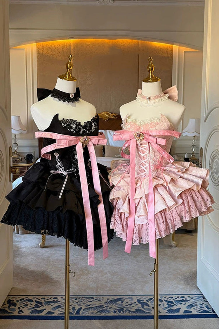 Pink [Kitten Sweetheart] Multi-Layered Ruffled Bow Lace-Up Princess Ballet Sweet Lolita Jsk Dress - Product - 2