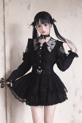 Black [Dreamy Love Ballad] Lapel Collar Long Sleeves Double-Layered Ruffled Cut-Out Bow Gothic Japanese Jirai Kei Skirt Set - Black(Set) - 1