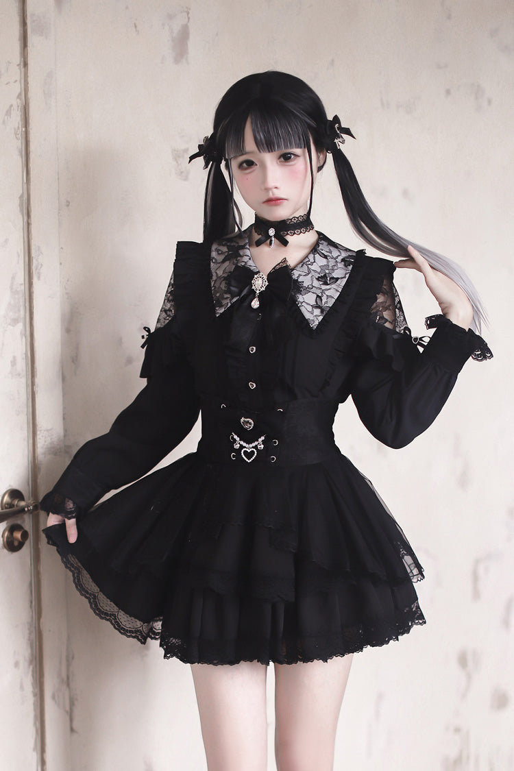 Black [Dreamy Love Ballad] Lapel Collar Long Sleeves Double-Layered Ruffled Cut-Out Bow Gothic Japanese Jirai Kei Skirt Set - Black(Set) - 1