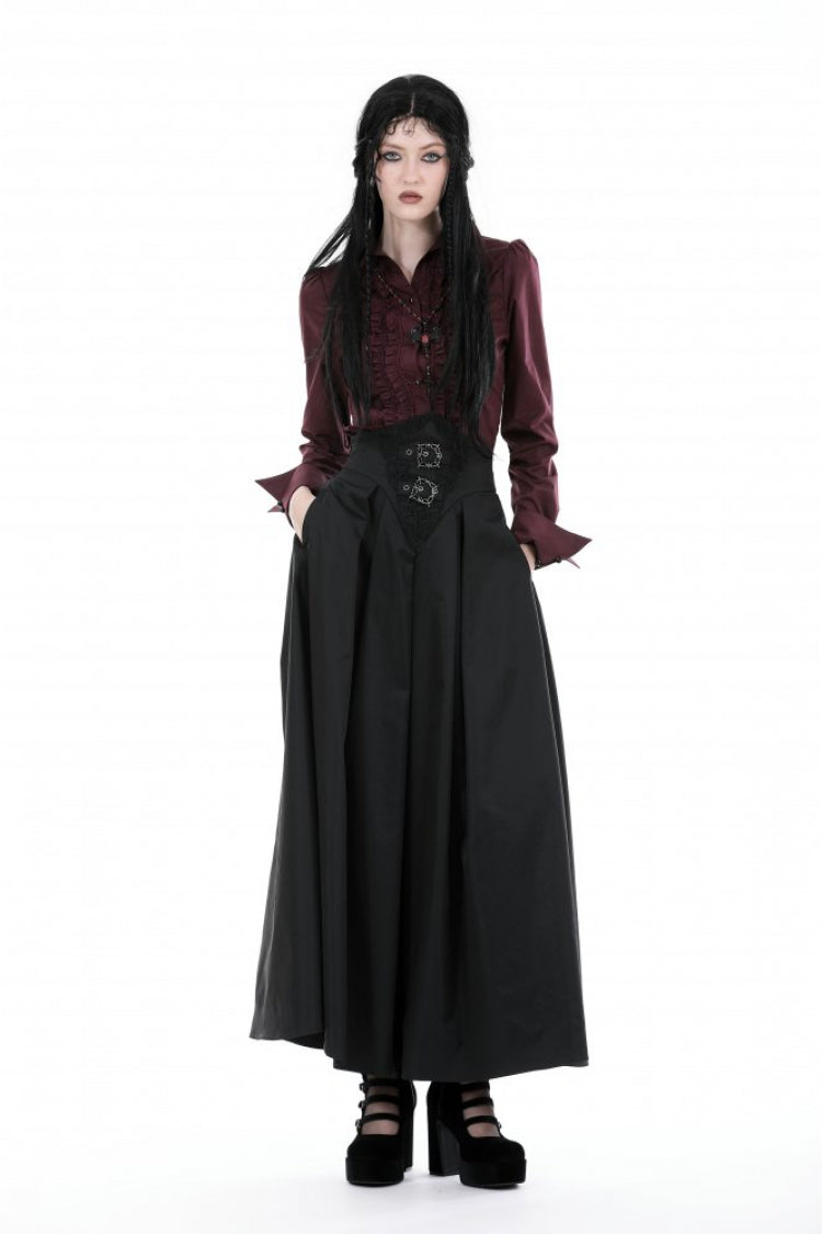 Black High Waisted Women's Gothic Pleated Long Skirt - Product - 6