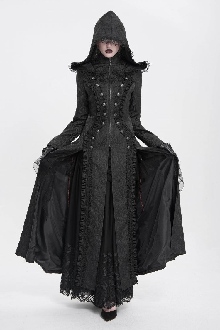 Black Stand Collar Long Sleeves Ruffle Hooded Women's Gothic Long Coat - Product - 5