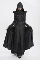 Black Stand Collar Long Sleeves Ruffle Hooded Women's Gothic Long Coat - Product - 5