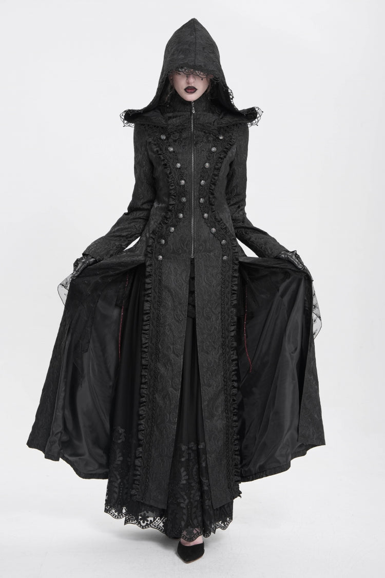 Black Stand Collar Long Sleeves Ruffle Hooded Women's Gothic Long Coat - Product - 5