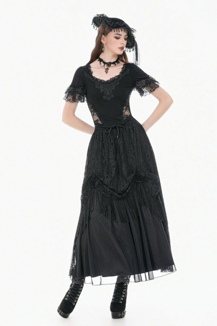 Black Women's Gothic Square Collar Double-Layered Lace Short Sleeves Embroidered Slim Fit Top - Product - 7