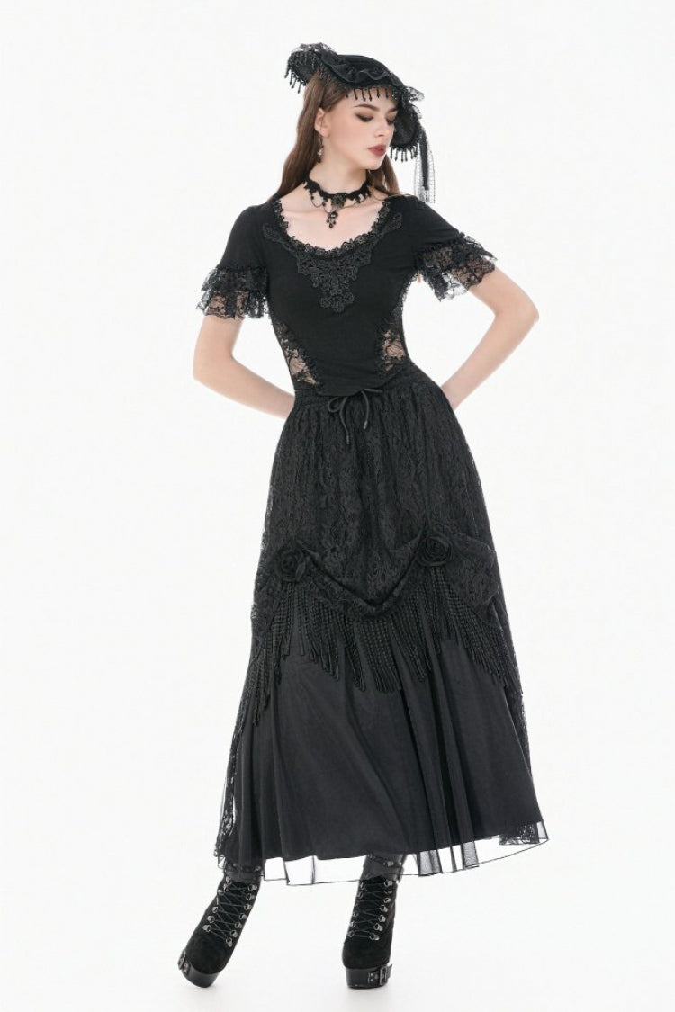 Black Women's Gothic Square Collar Double-Layered Lace Short Sleeves Embroidered Slim Fit Top - Product - 7