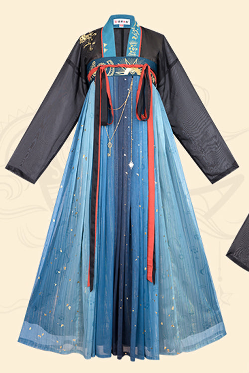Black/Blue Hot Stamping Embroidered Ancient Flowy Classic Hanfu Dress Full Set - Product - 6