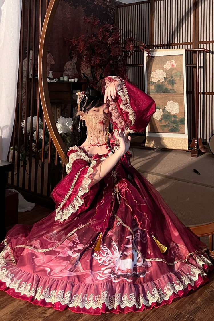 [Nine-tailed fox] Print Ruffle Bowknot Classic Chinese Style Princess Lolita Jsk Dress 2 Colors - Product - 4