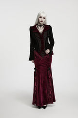 Black/Red Lapel Collar Long Trumpet Sleeves Lace Lace-Up Asymmetric Color-Blocked Women's Gothic Elegant Luxurious Royal Velvet Coat - Product - 6