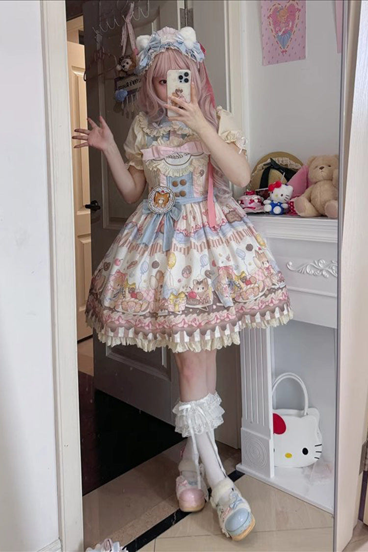 Multi-Color Sleeveless [Cat Dessert] Print Ruffle Bowknot Lace Sweet Japanese Lolita Strap Dress - Product - 4