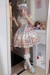 Multi-Color Sleeveless [Cat Dessert] Print Ruffle Bowknot Lace Sweet Japanese Lolita Strap Dress - Product - 4