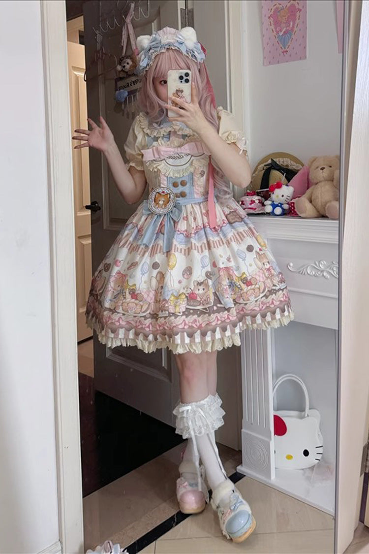 Multi-Color Sleeveless [Cat Dessert] Print Ruffle Bowknot Lace Sweet Japanese Lolita Strap Dress - Product - 4