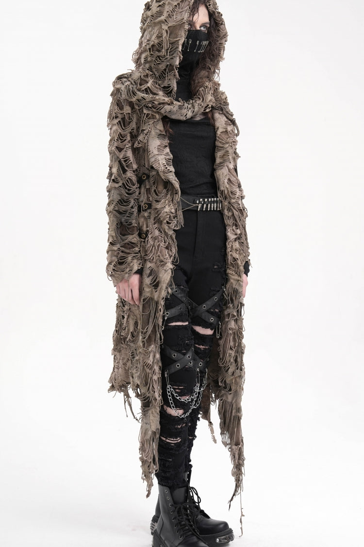 Brown Long Sleeves Hooded Women's Punk Eyelets Zip Cape - Product - 4
