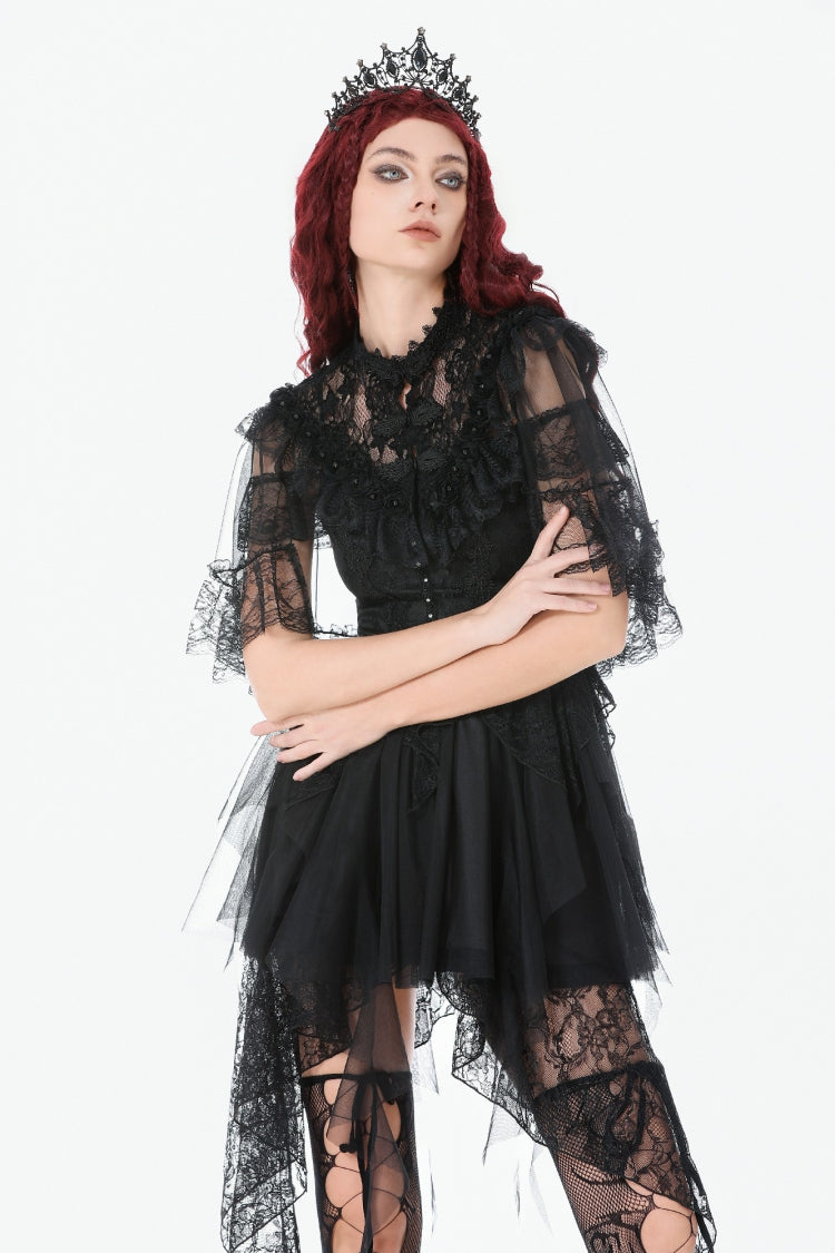 Black Sleeveless Ruffled Lace Spliced Mesh Women's Gothic Cape - Product - 6