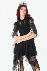 Black Sleeveless Ruffled Lace Spliced Mesh Women's Gothic Cape - Product - 6