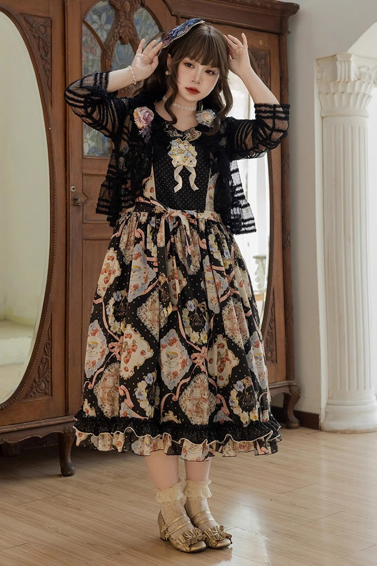 Cat Rose Tea Sleeveless Print Ruffle Bowknot Sweet Lolita Jumper Dress 3 Colors - Product - 14