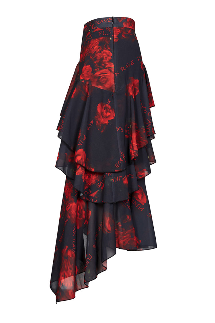 Black/Red Layered Irregular Skirt Pattern Printing Decoration High Waist Chiffon Women's Punk Skirt - Product - 6