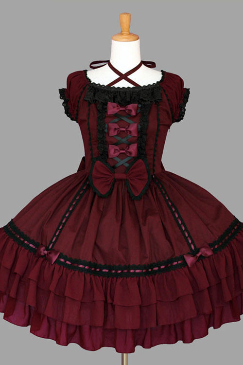 Wine Lace Ruffled Bowknot Sleeveless Gothic Lolita Dress - Wine - 1
