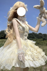 Apricot [Cream Cake] Sleeveless Multi-Layered Ruffle Bowknot Sweet Princess Lolita Jsk Dress Set - Product - 10