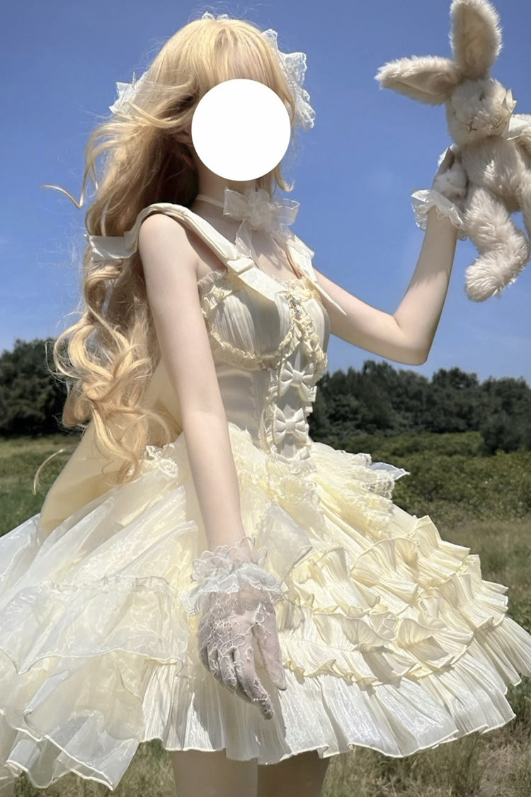 Apricot [Cream Cake] Sleeveless Multi-Layered Ruffle Bowknot Sweet Princess Lolita Jsk Dress Set - Product - 10