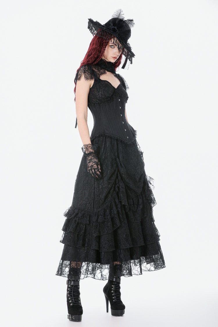 Black Sleeveless Lace Irregular Lace-Up Women's Gothic Underbust Corset - Product - 12