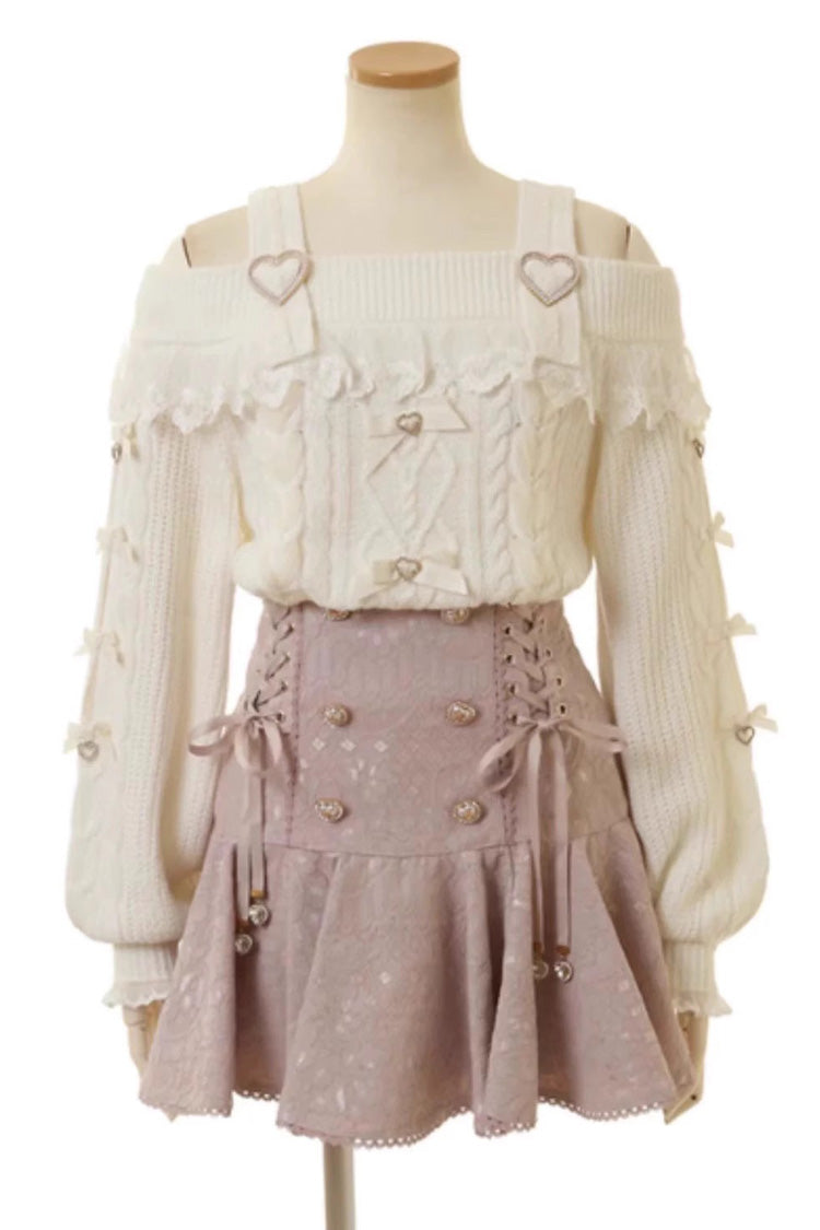 Pink Japanese Bowknot Double Breasted  Lace-Up Sweet Jirai Kei Skirt - Pink - 1