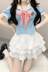Short Sleeves Multi-layer Ruffle Bowknot Sweet College Style Japanese School Skirt Set 4 Colors - Blue/White - 5