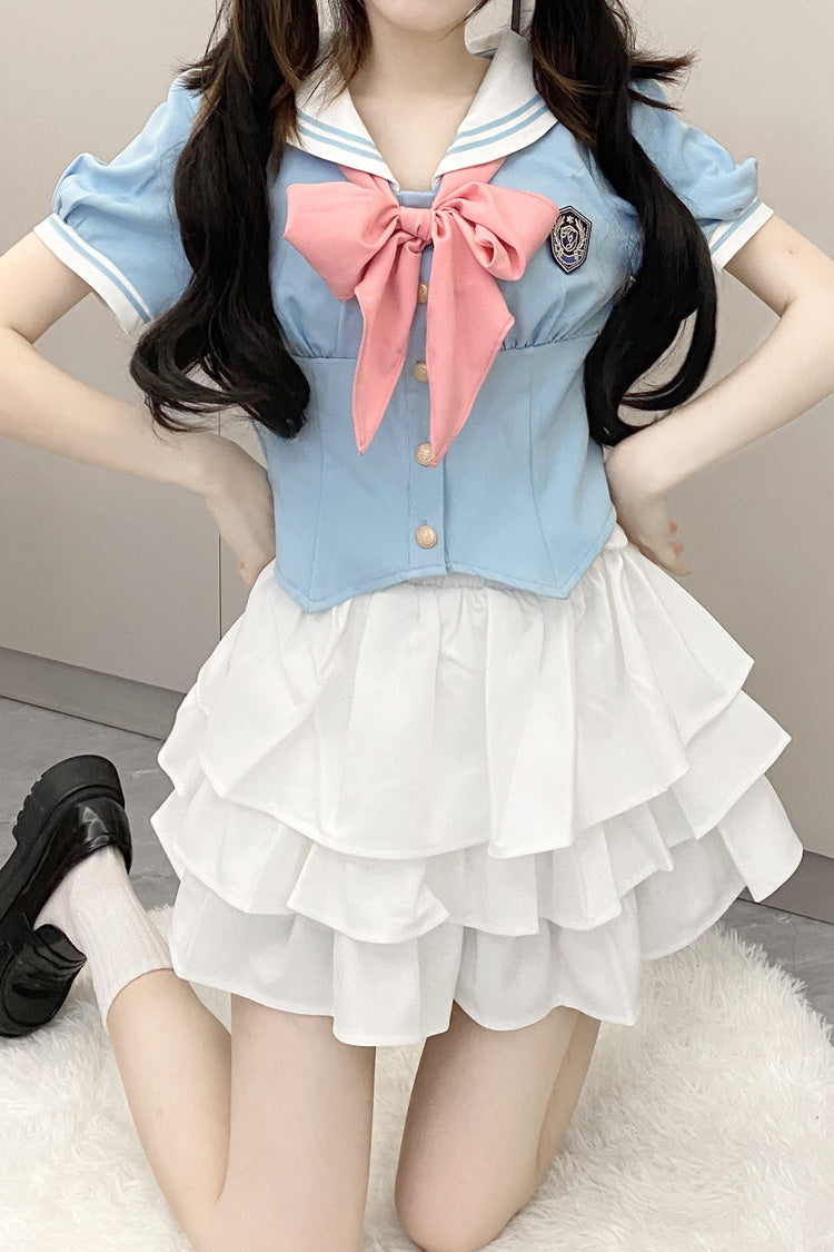 Short Sleeves Multi-layer Ruffle Bowknot Sweet College Style Japanese School Skirt Set 4 Colors - Blue/White - 5