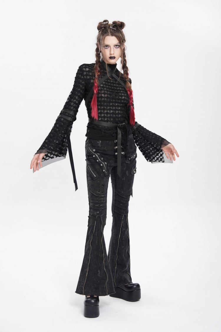 Black Stand Collar Long Sleeves Mesh Buckle Straps Women's Punk Blouse - Product - 10